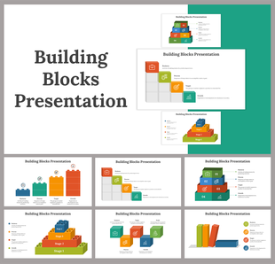 Slide deck showing stacked building blocks labeled with business concepts like process, target, and growth.