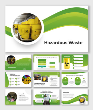 Hazardous Waste slides with green theme and images of yellow barrels, process charts, and waste categories.