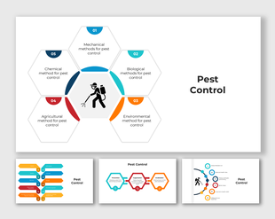 Pest Control infographic with hexagonal icons showing mechanical, biological, and chemical control methods.