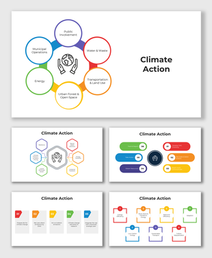 Climate Action slides with circular icons showing sectors like energy, waste, transport, and public involvement.