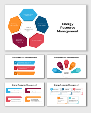 Energy Resource Management slides with colorful hexagons showing planning, auditing, and renewable integration steps.