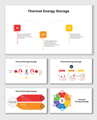 Thermal Energy Storage visuals showing heat flow, system benefits, and colorful infographics on energy applications.