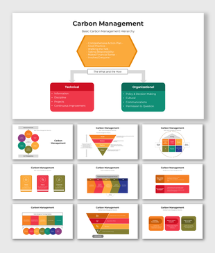 Multi-slide carbon management visuals with hexagons, funnels, and labeled sections for strategy and improvement.