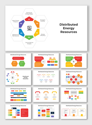 Hexagon-based infographic with labeled segments for Distributed Energy Resources and clean, minimal placeholder areas.