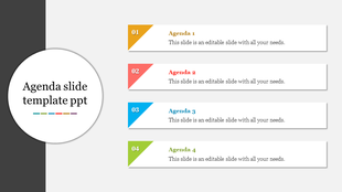 Vertical agenda slide with four numbered color-coded sections on the right and a circular title placeholder on the left.