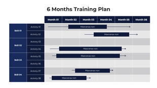 Gantt chart-style training plan showing skills and activities across a six-month timeline with placeholder task bars.