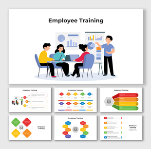 Colorful training infographics with stepwise diagrams, icons, and placeholder blocks for employee development topics.