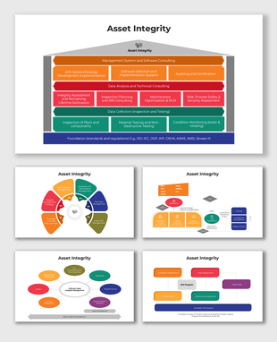 Infographic slides showing asset integrity workflows using flowcharts, circular layouts, and modular placeholders.