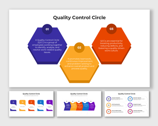 Hexagon infographic showing quality control circle steps with bold colors and editable content blocks.