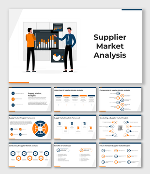 Slide set with frameworks, objectives, and analysis steps using icons, diagrams, and content placeholders.
