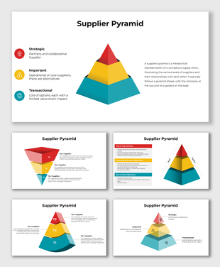Supplier pyramid infographic with colorful tiers illustrating supplier hierarchy across multiple slide layouts.