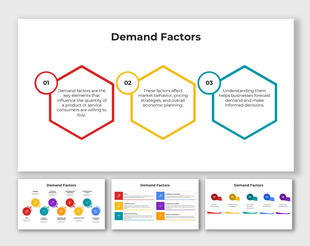 Demand factors infographic with hexagon icons, colorful layouts, and market insights in a clean design.