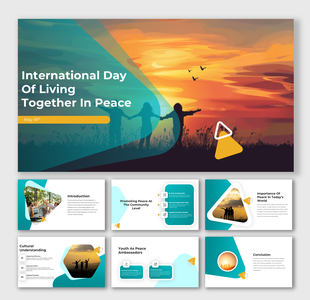 Slide deck with silhouettes holding hands at sunset, promoting global peace with soft shapes and modern layout.