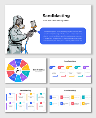 Sandblasting process slides with protective gear illustration and step-by-step safety visuals.