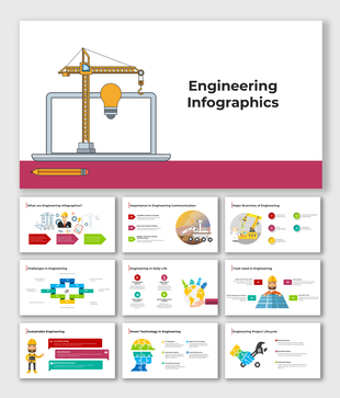 Engineering infographics slides with icons, charts, and construction visuals in a colorful layout.