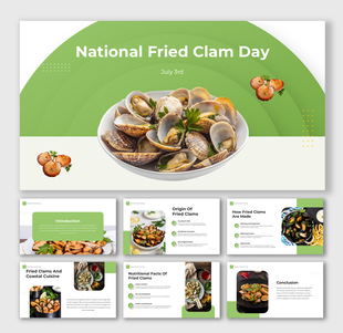 Bowl of fried clams on a green background celebrating National Fried Clam Day with food visuals and placeholder captions.