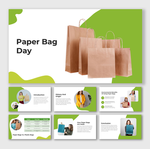 Brown paper bags on a white and green background with supporting slides featuring people holding eco-friendly bags.