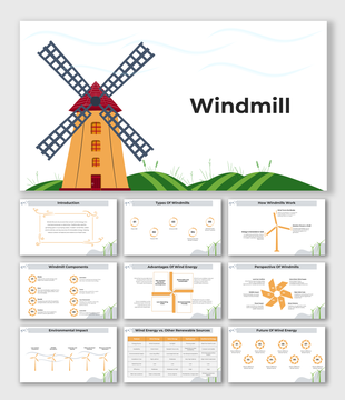 Illustrated windmill on green hills with supporting slides showing wind energy concepts and diagram placeholders.