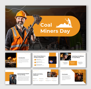 Smiling coal miner in safety gear with shovel, featured on an orange-themed Coal Miners Day presentation layout.