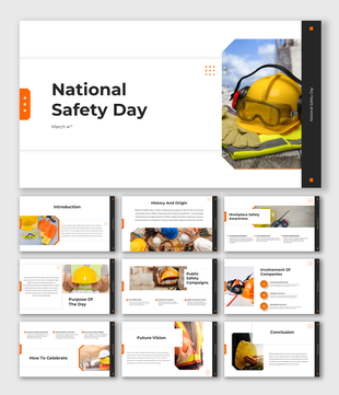 Safety helmet, gloves, and goggles on display with clean slide layout for National Safety Day awareness.