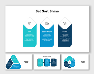 Three vertical shapes showing Set, Sort, Shine with icons and minimal text for organization steps.