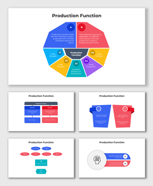 Color-coded infographic showing types and models of the production function with circular segments and icons.
