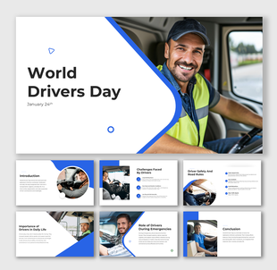 World Drivers Day layout showing a professional driver with multiple slide thumbnails featuring transport themes.
