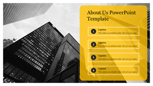 Business themed About Us PowerPoint template with building photos and sections for captions.