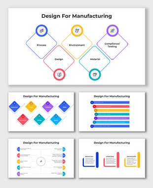 Design For Manufacturing slide with diamond icons, multicolor outlines, icons for process, design, material, and environment.