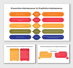 Preventive Maintenance Vs Predictive Maintenance comparison in pill shapes, icon bullets, and vibrant color bands.