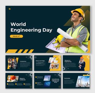 World Engineering Day deck shows engineers, gear icons, yellow-black theme, icon bullets, and image-text split sections.