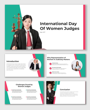 International Day of Women Judges slide with a female judge, gavel, green and red accents, and clean design elements.