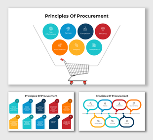 Principles Of Procurement slide using vibrant shapes and text boxes for transparency, efficiency, and accountability.