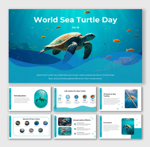 World Sea Turtle Day presentation with turtle images, ocean theme, and info on their life and protection.