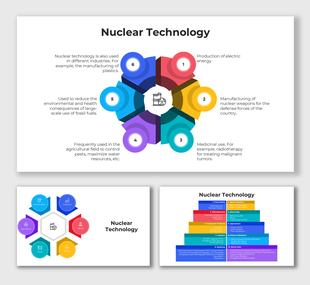 Nuclear Technology using multi-color hexagons for agriculture, energy, medicine, industry, food safety, and research.