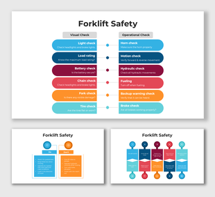 Forklift Safety diagram using vibrant shapes and text holders for pre-operation checks and forklift safe practices.