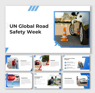 UN Global Road Safety Week with modern blue layout, photos of traffic, and slides for causes, tech, and safety education.