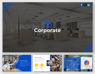 Set of professional corporate slides with a sleek office design, company overview, and market insights.