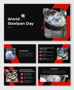 World Steelpan Day visuals with steelpan drums, red overlays, and panels for intro, types, cultural identity, and conclusion.