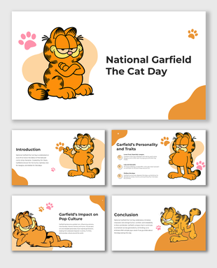 National Garfield The Cat Day slides with orange theme, cartoon Garfield, paw icons, and fun activity boxes.