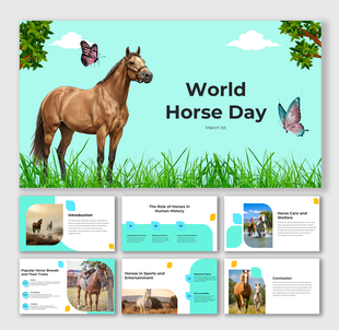 World Horse Day slides with brown horse, butterflies, green grass, blue sky, and curved shapes for text and images.