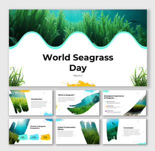 World Seagrass Day slides with underwater seagrass, fish, blue tones, wave shapes, and paint stroke text holders.