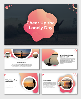 Cheer Up the Lonely Day slides with pink blobs, circular photos, and tips to support isolated individuals.