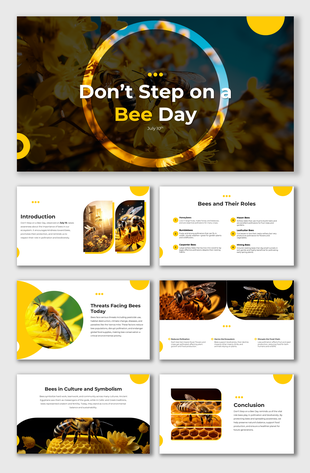Dont Step On A Bee Day slides with yellow tones, bee icons, safety tips, and honeycomb-style shapes.