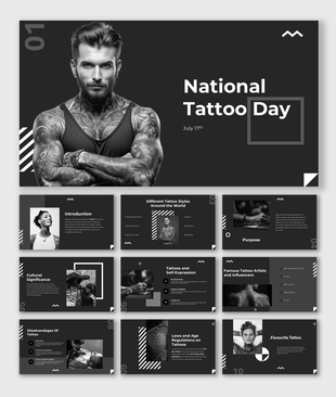National Tattoo Day slides with tattooed people, dark theme, bold text, and global tattoo culture info.