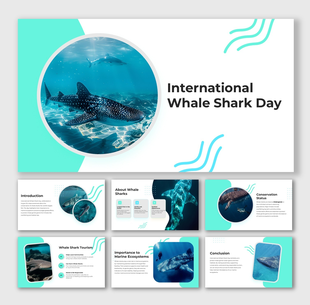 International Whale Shark Day slides with blue ocean images, circular frames, aqua accents, text holders, and clean layout.