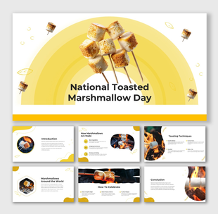 National Toasted Marshmallow Day PPT with yellow theme, marshmallow skewers, fire images, round shapes, and text holders.