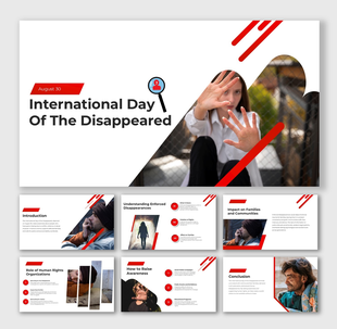 PPT on International Day Of The Disappeared using red-black theme, photo frames, text areas, and abstract line designs.