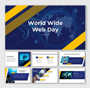 World Wide Web Day design with blue tech background, globe visuals, yellow bars, and modern text blocks about web use.