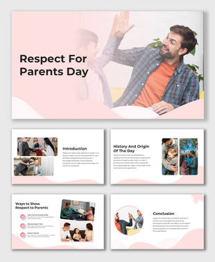 Respect For Parents Day template in soft pink, featuring parents-child images, text holders, and curved wave graphics.